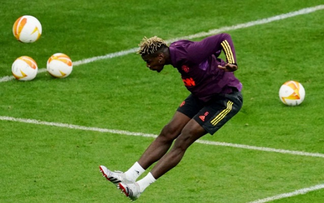 Paul Pogba dari Manchester United selama latihan untuk Europa League, Final Manchester United Training di Stadion Energa Gdansk, Gdansk, Polandi